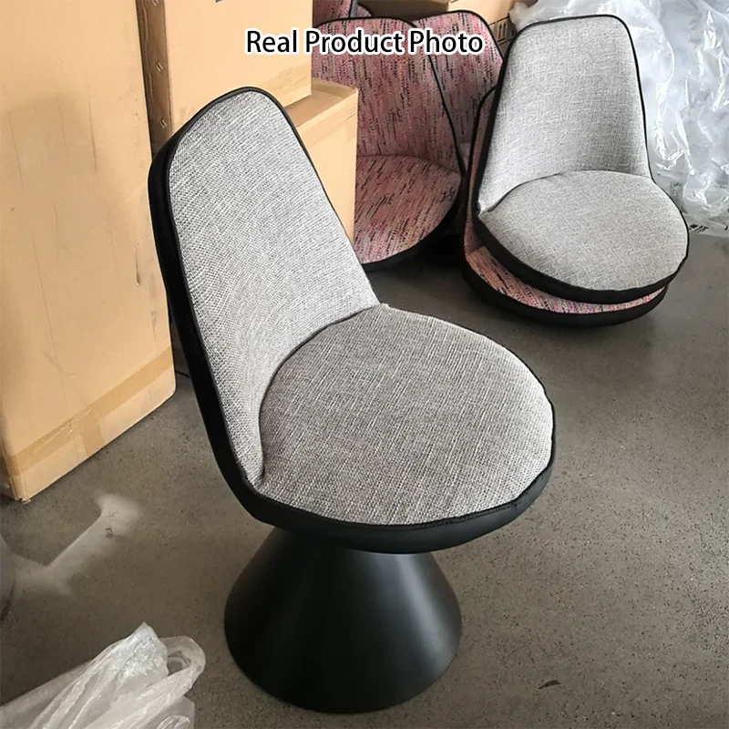 Contemporary Nordic Round Linen Cat Scratch Leather Plywood Iron Swivel Vanity Stool Backrest Armless For Bedroom