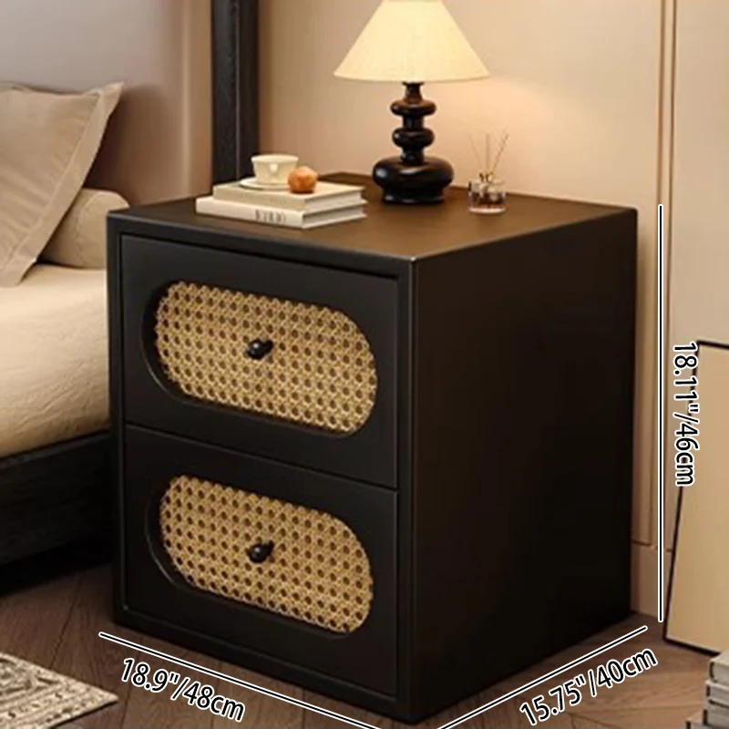 Traditional Japanese Square Rectangular Microfiber Leather MDF Solid Wood Plywood PVC Rattan Weaving Nightstand 2-Drawer For Bedroom