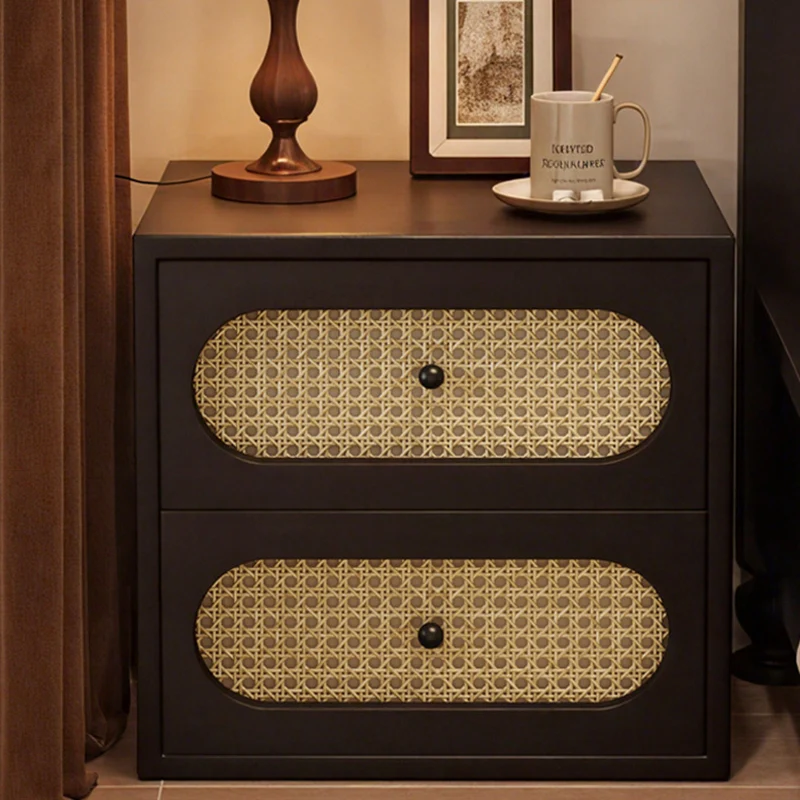 Traditional Japanese Square Rectangular Microfiber Leather MDF Solid Wood Plywood PVC Rattan Weaving Nightstand 2-Drawer For Bedroom
