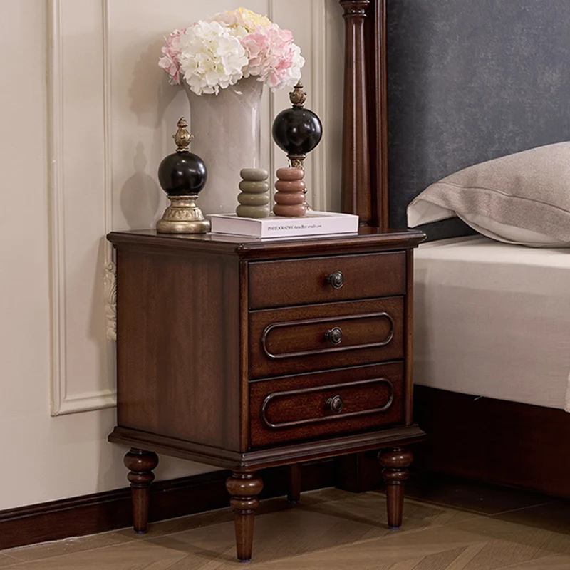 Traditional Vintage Rectangular Mahogany Rubberwood Multi-Layer Plywood Nightstand 3-Drawer For Bedroom