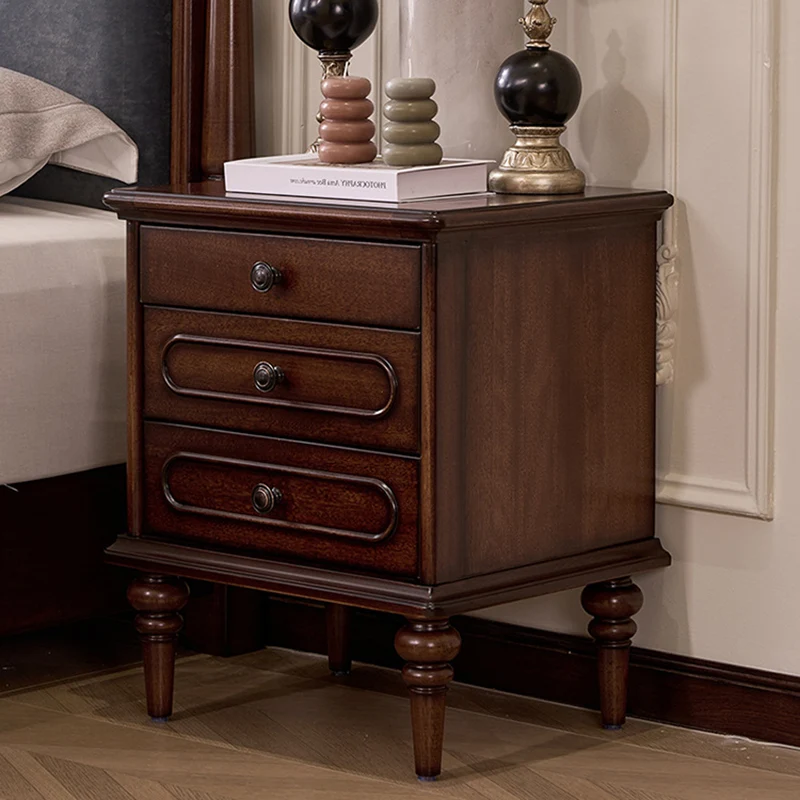 Traditional Vintage Rectangular Mahogany Rubberwood Multi-Layer Plywood Nightstand 3-Drawer For Bedroom