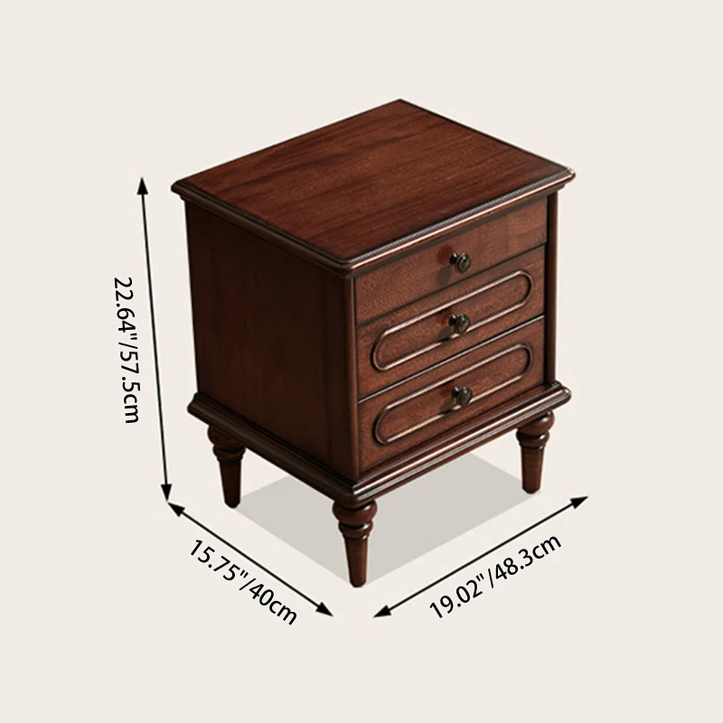 Traditional Vintage Rectangular Mahogany Rubberwood Multi-Layer Plywood Nightstand 3-Drawer For Bedroom