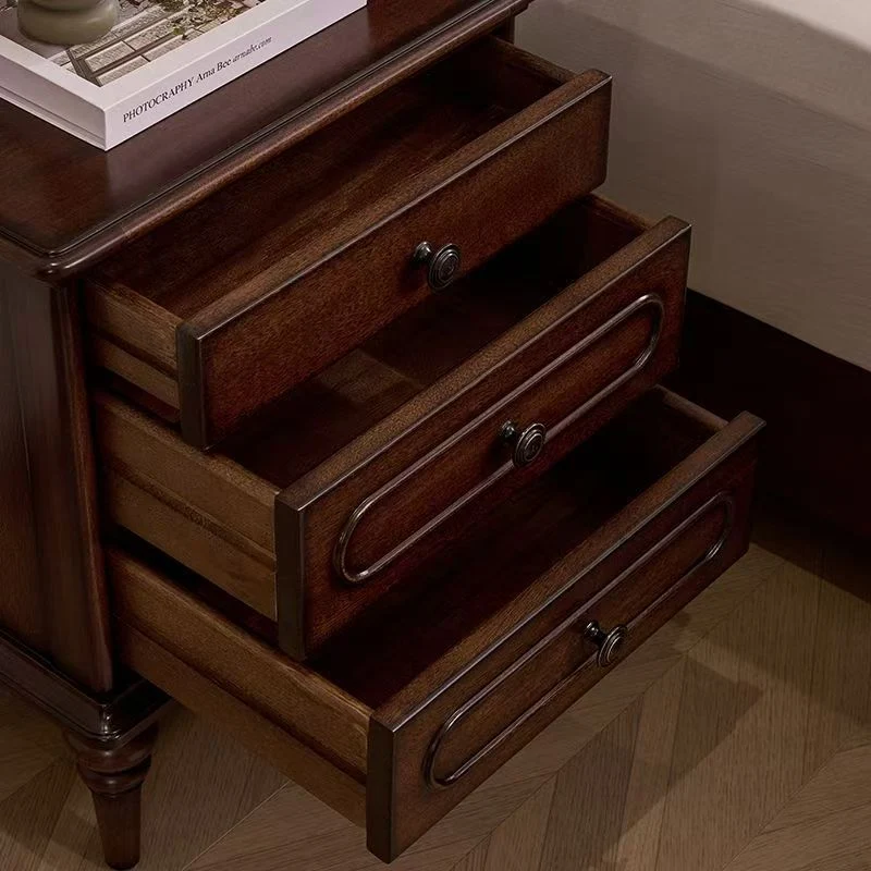 Traditional Vintage Rectangular Mahogany Rubberwood Multi-Layer Plywood Nightstand 3-Drawer For Bedroom
