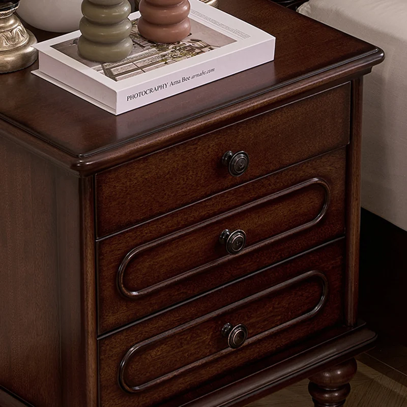 Traditional Vintage Rectangular Mahogany Rubberwood Multi-Layer Plywood Nightstand 3-Drawer For Bedroom