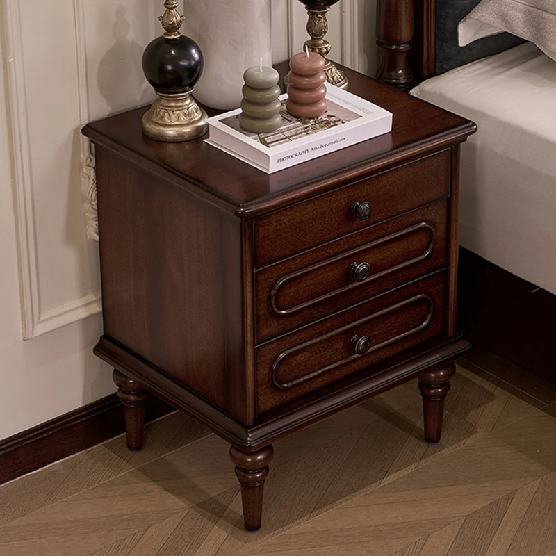 Traditional Vintage Rectangular Mahogany Rubberwood Multi-Layer Plywood Nightstand 3-Drawer For Bedroom