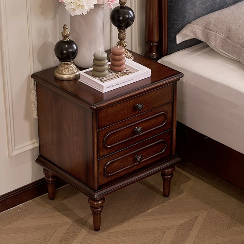 Traditional Vintage Rectangular Mahogany Rubberwood Multi-Layer Plywood Nightstand 3-Drawer For Bedroom