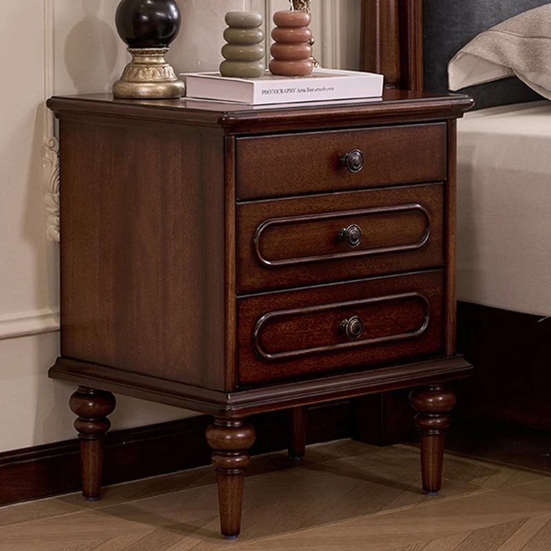 Traditional Vintage Rectangular Mahogany Rubberwood Multi-Layer Plywood Nightstand 3-Drawer For Bedroom