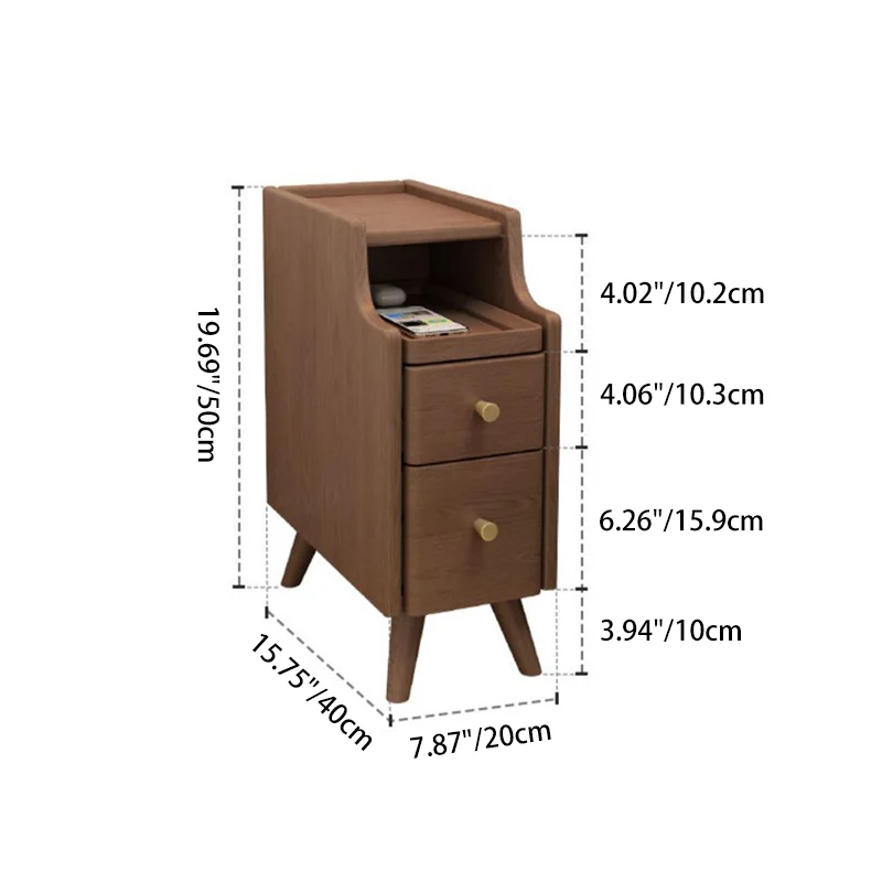 Modern Minimalist Rectangular Rubberwood Paulownia Wood Metal Nightstand 2-Drawer For Bedroom
