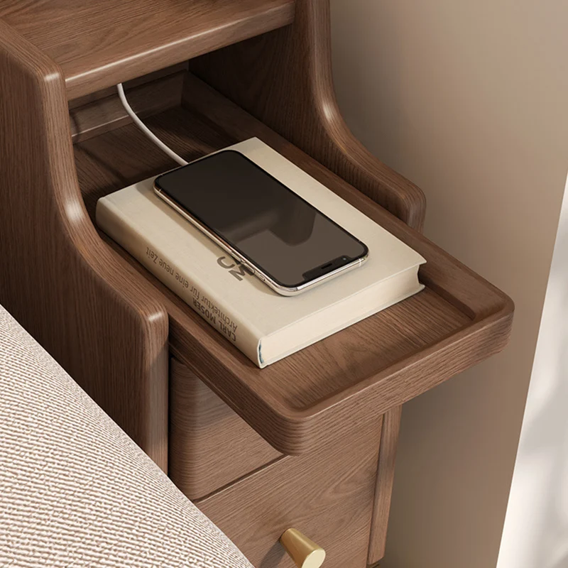 Modern Minimalist Rectangular Rubberwood Paulownia Wood Metal Nightstand 2-Drawer For Bedroom