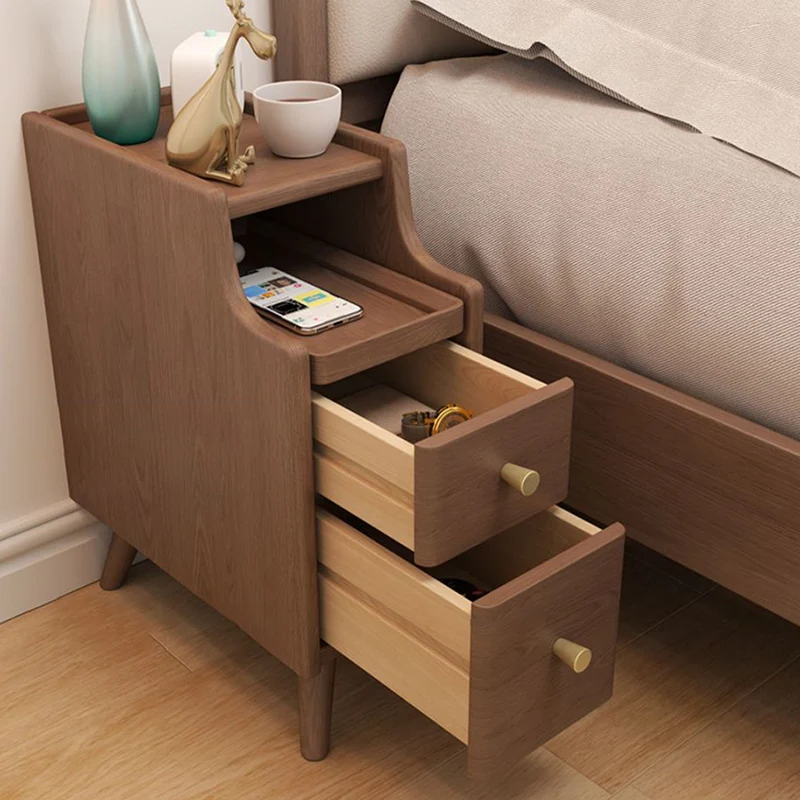 Modern Minimalist Rectangular Rubberwood Paulownia Wood Metal Nightstand 2-Drawer For Bedroom