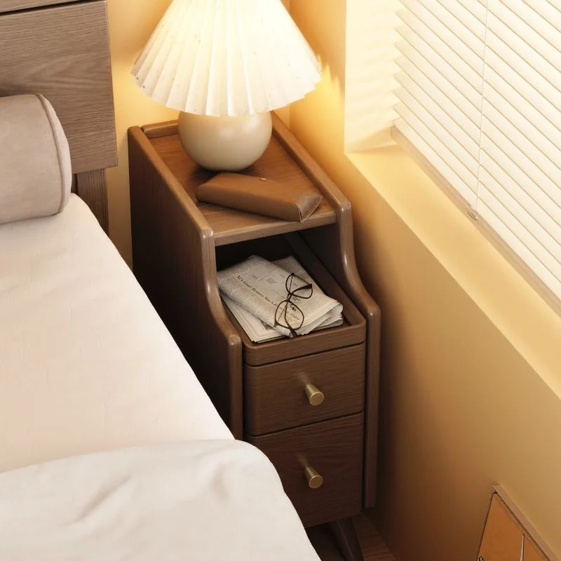 Modern Minimalist Rectangular Rubberwood Paulownia Wood Metal Nightstand 2-Drawer For Bedroom