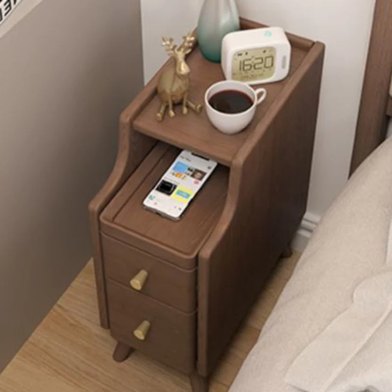 Modern Minimalist Rectangular Rubberwood Paulownia Wood Metal Nightstand 2-Drawer For Bedroom