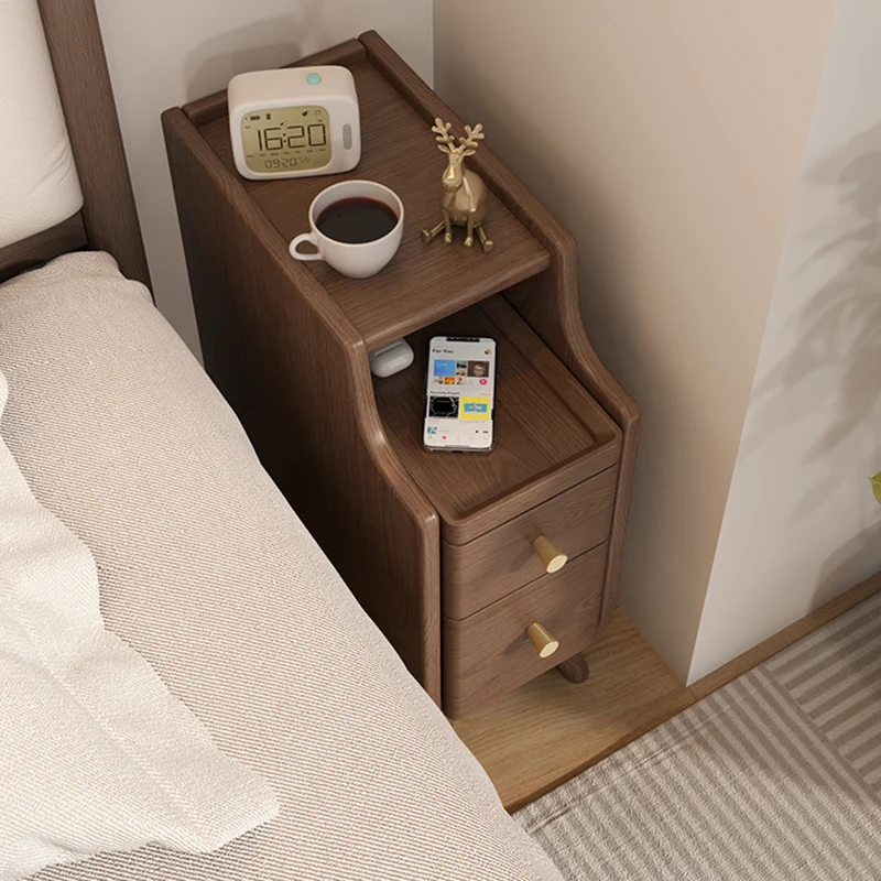 Modern Minimalist Rectangular Rubberwood Paulownia Wood Metal Nightstand 2-Drawer For Bedroom