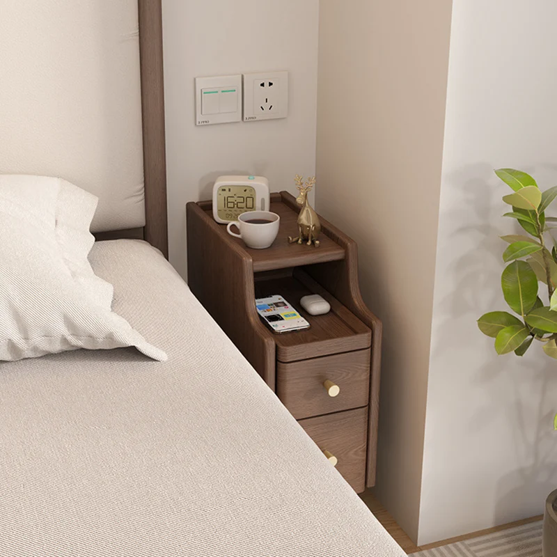 Modern Minimalist Rectangular Rubberwood Paulownia Wood Metal Nightstand 2-Drawer For Bedroom