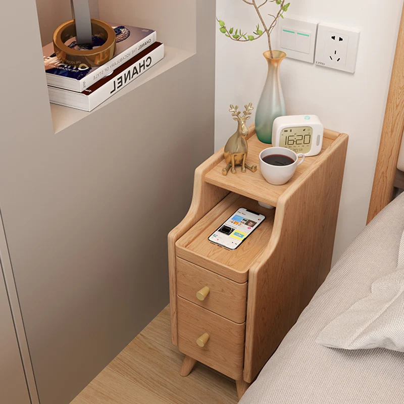 Modern Minimalist Rectangular Rubberwood Paulownia Wood Metal Nightstand 2-Drawer For Bedroom