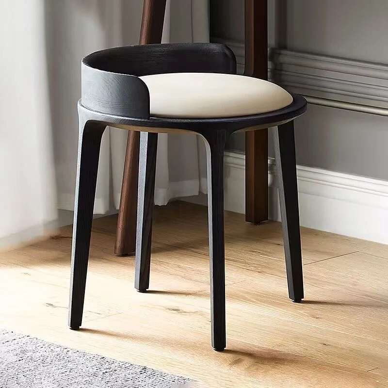 Modern Minimalist Round Faux Leather Oak Wood Low Stool For Living Room