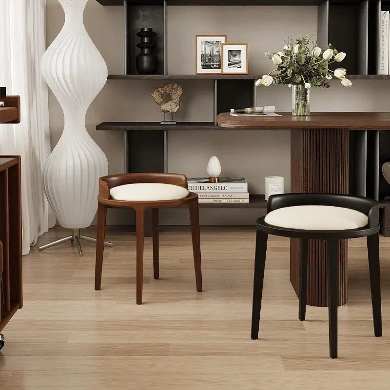 Modern Minimalist Round Faux Leather Oak Wood Low Stool For Living Room