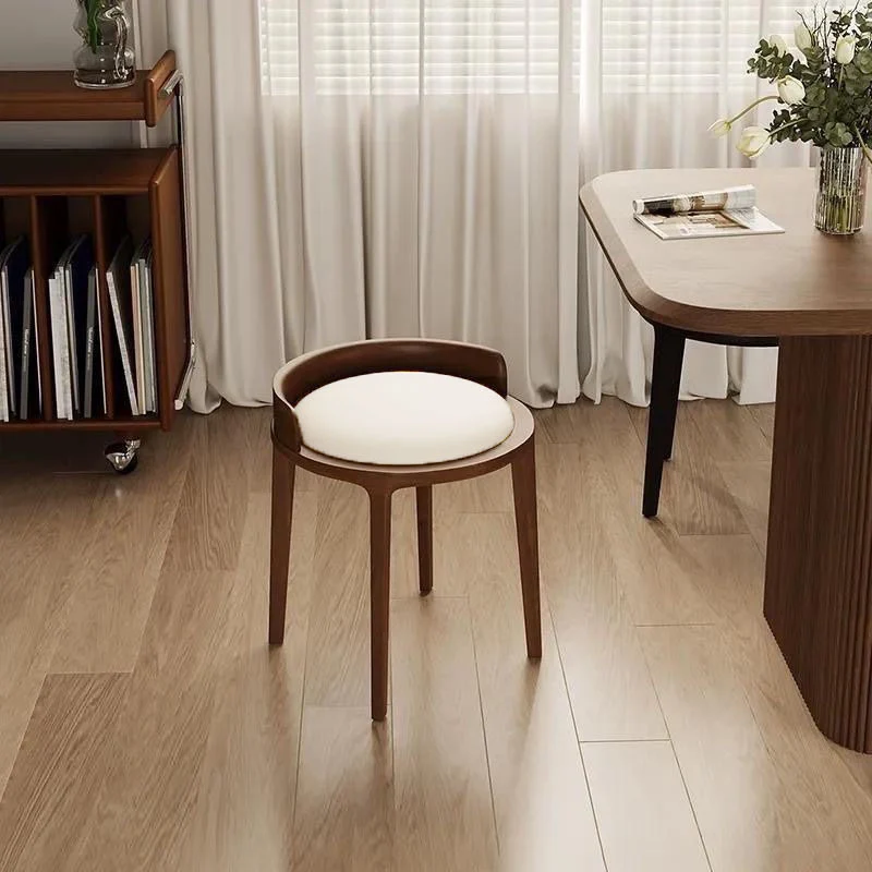 Modern Minimalist Round Faux Leather Oak Wood Low Stool For Living Room