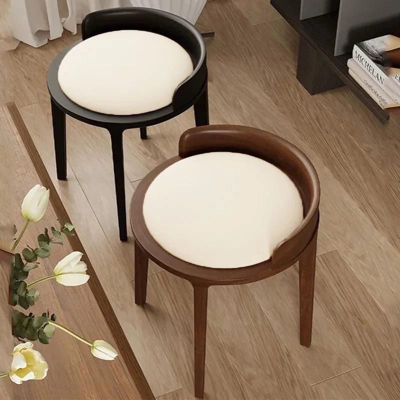 Modern Minimalist Round Faux Leather Oak Wood Low Stool For Living Room