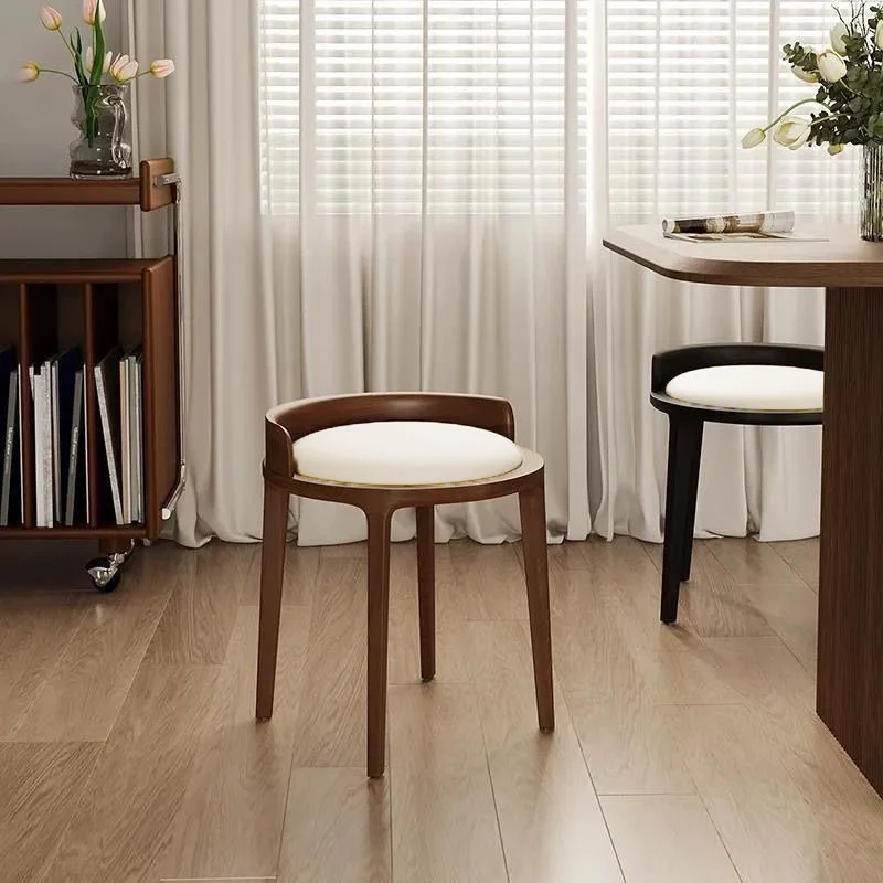 Modern Minimalist Round Faux Leather Oak Wood Low Stool For Living Room
