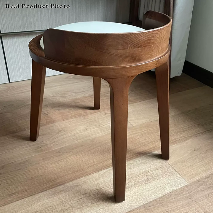Modern Minimalist Round Faux Leather Oak Wood Low Stool For Living Room