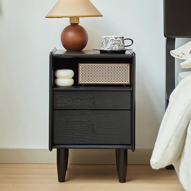 Traditional Vintage Rubberwood Paulownia Wood Solid Wood Multi-Layer Board Rectangular Nightstand 2-Drawer For Bedroom