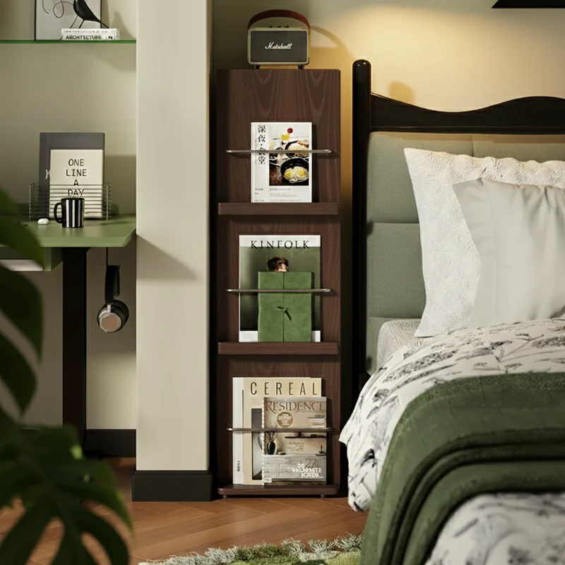 Modern Minimalist Narrow Rectangular Solid Rubberwood Aluminum Alloy Floor-Standing Bookshelf 3-Tier For Study