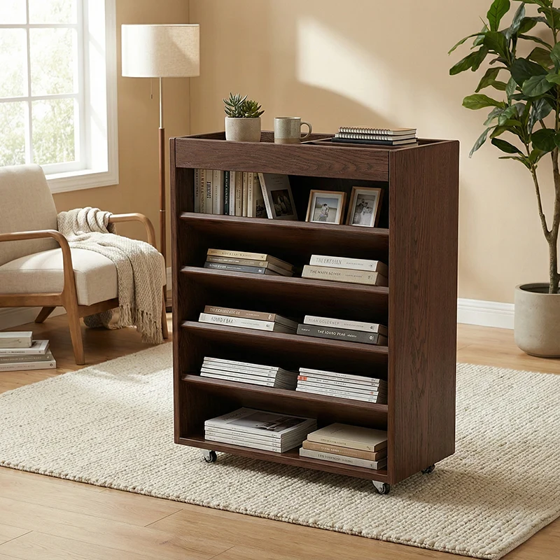 Modern Minimalist Rectangular Solid Rubberwood & Solid Wood Multi-Layer Board Movable Bookshelf 5-Tier For Study