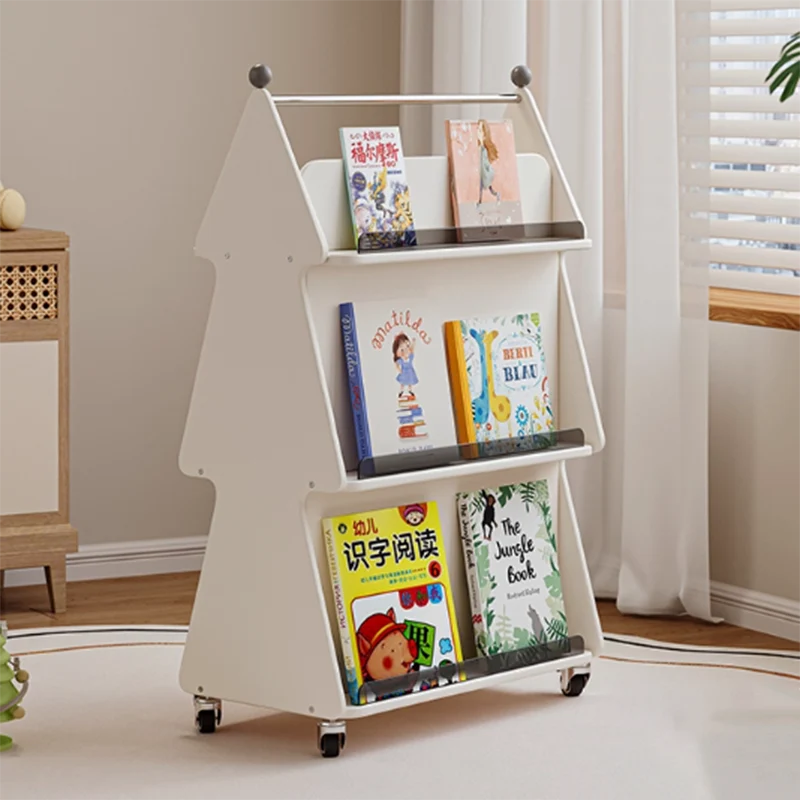 Contemporary Creative Christmas Tree Solid Wood Particle Board Acrylic Iron Kids Movable Bookshelf 3-Tier For Study