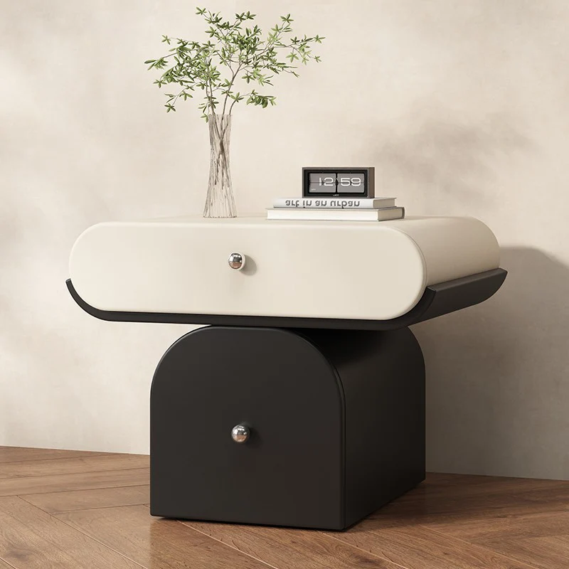 Modern Minimalist Solid Wood Plywood Faux Leather Rounded Nightstand With 2-Drawer Storage For Bedroom