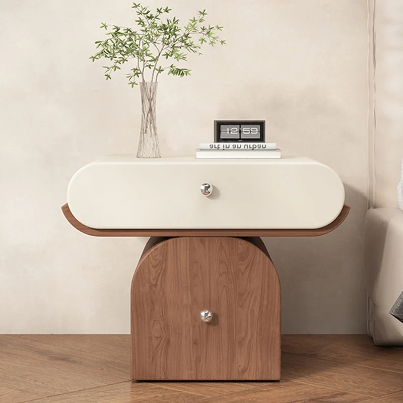Modern Minimalist Solid Wood Plywood Faux Leather Rounded Nightstand With 2-Drawer Storage For Bedroom