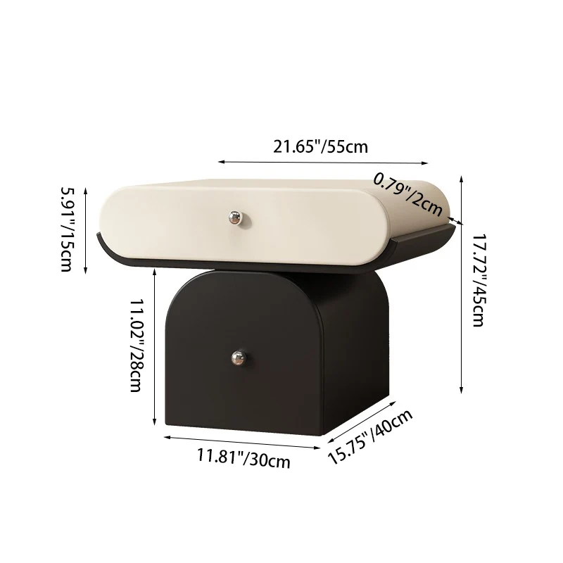 Modern Minimalist Solid Wood Plywood Faux Leather Rounded Nightstand With 2-Drawer Storage For Bedroom