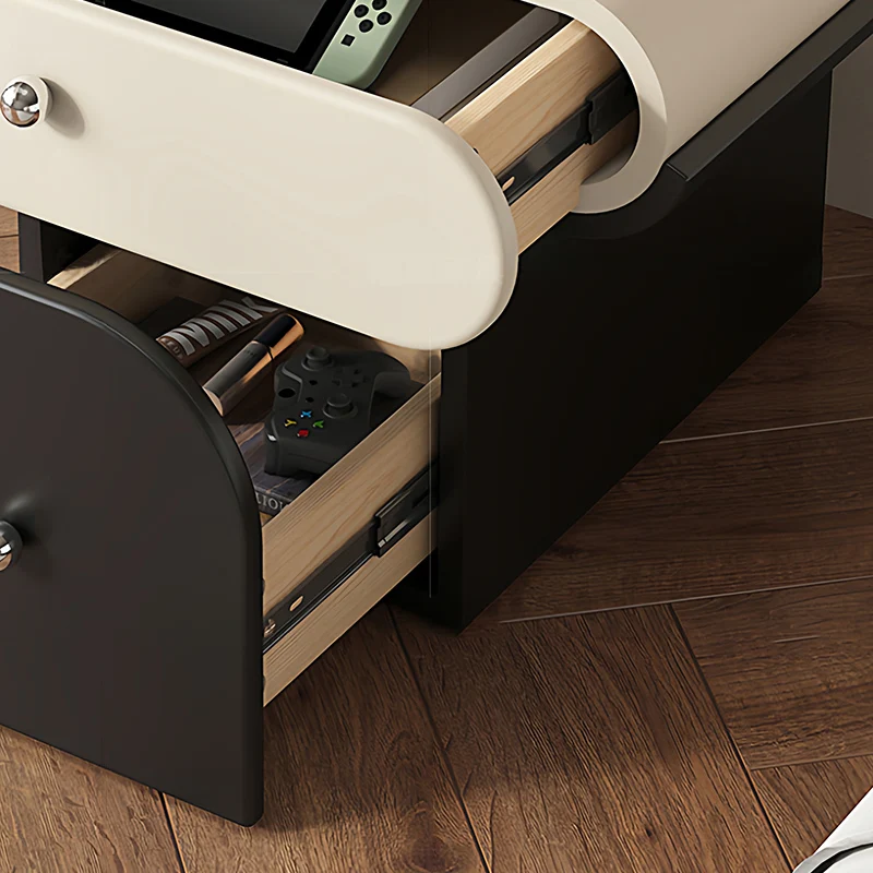 Modern Minimalist Solid Wood Plywood Faux Leather Rounded Nightstand With 2-Drawer Storage For Bedroom