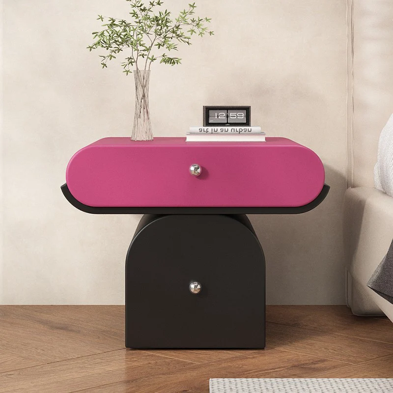 Modern Minimalist Solid Wood Plywood Faux Leather Rounded Nightstand With 2-Drawer Storage For Bedroom