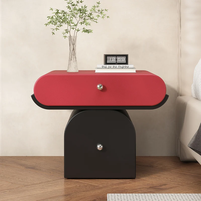 Modern Minimalist Solid Wood Plywood Faux Leather Rounded Nightstand With 2-Drawer Storage For Bedroom