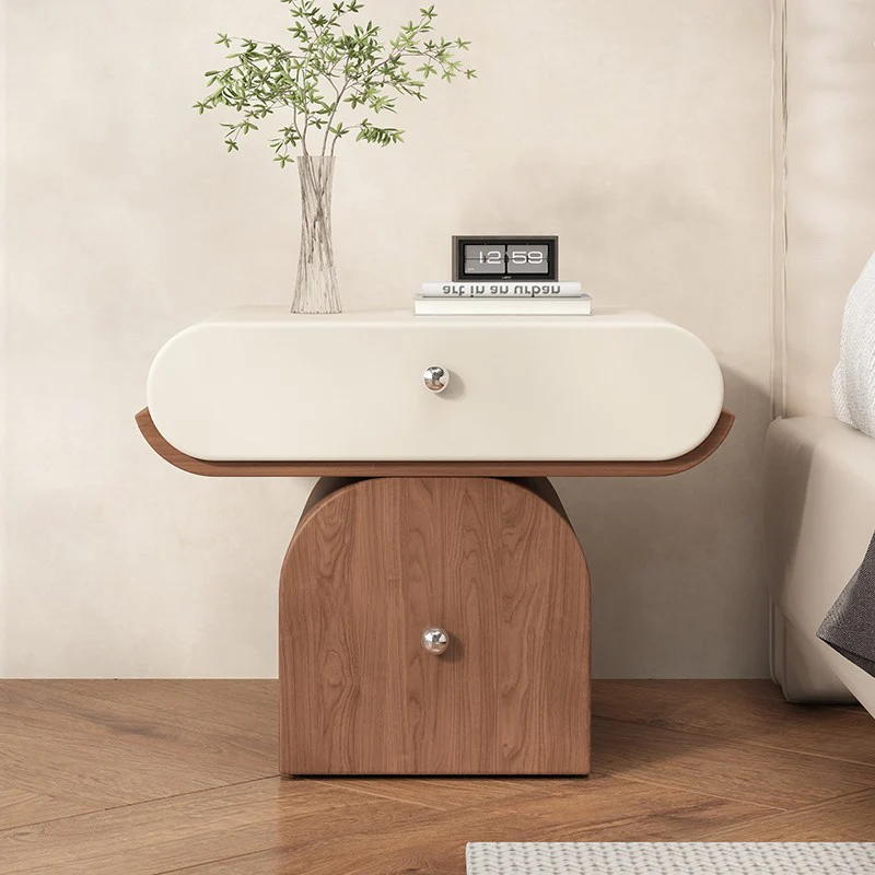 Modern Minimalist Solid Wood Plywood Faux Leather Rounded Nightstand With 2-Drawer Storage For Bedroom