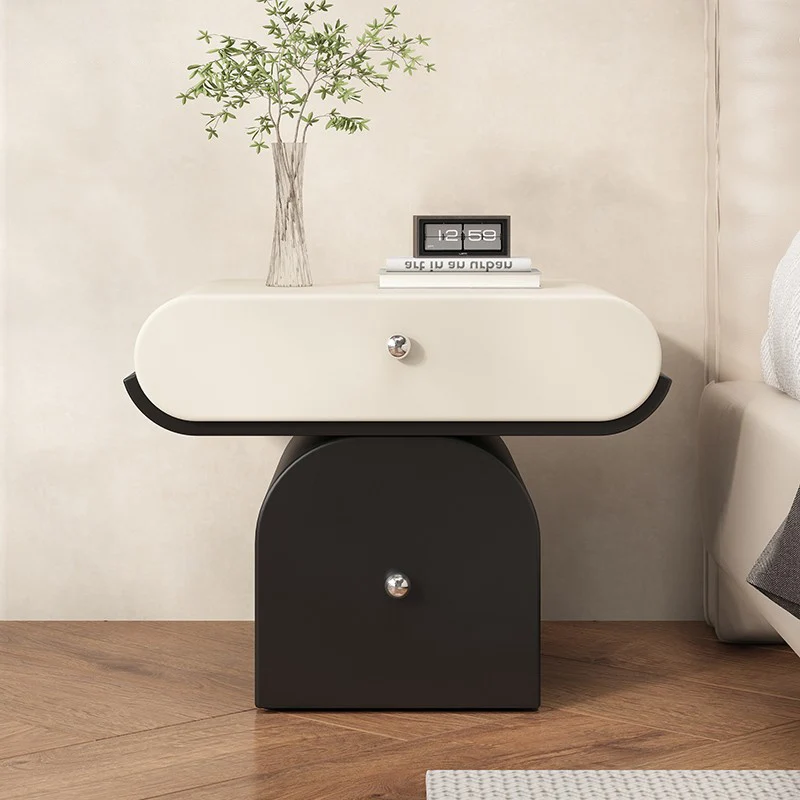 Modern Minimalist Solid Wood Plywood Faux Leather Rounded Nightstand With 2-Drawer Storage For Bedroom