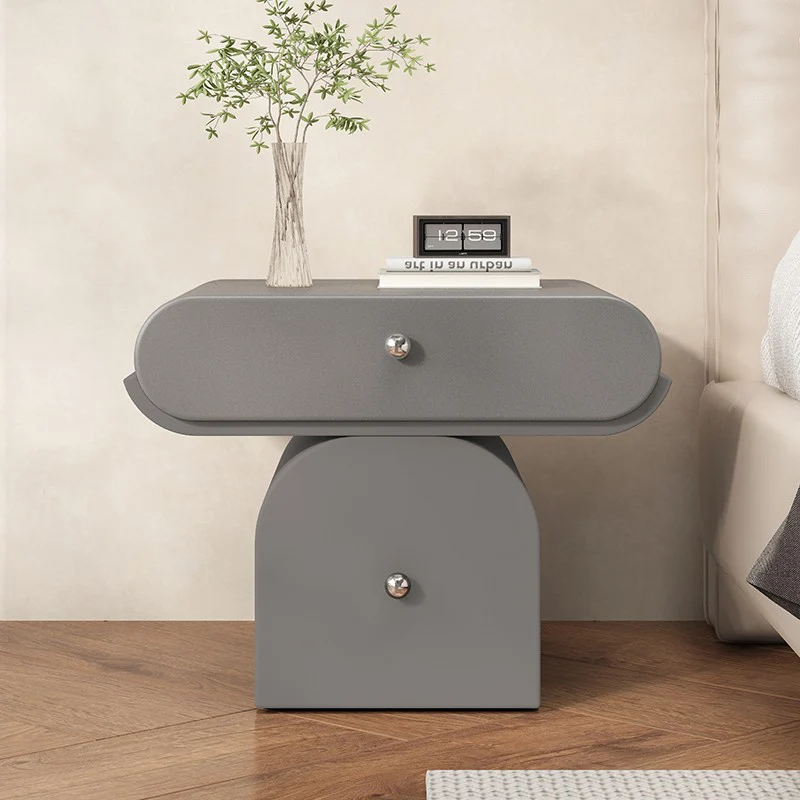 Modern Minimalist Solid Wood Plywood Faux Leather Rounded Nightstand With 2-Drawer Storage For Bedroom