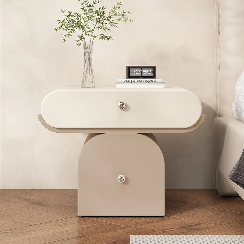 Modern Minimalist Solid Wood Plywood Faux Leather Rounded Nightstand With 2-Drawer Storage For Bedroom