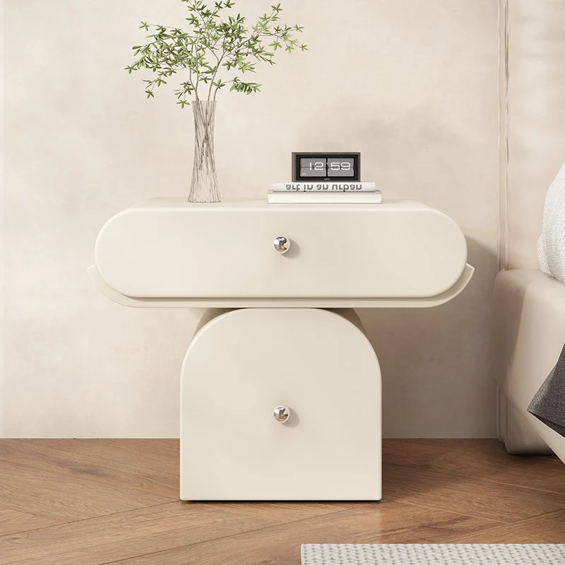 Modern Minimalist Solid Wood Plywood Faux Leather Rounded Nightstand With 2-Drawer Storage For Bedroom