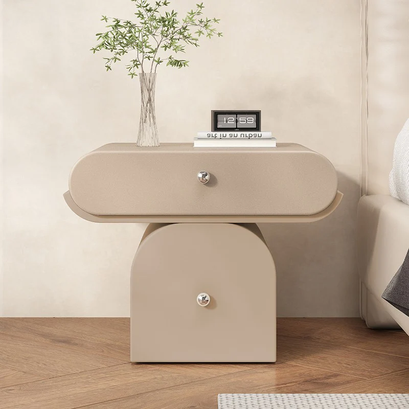 Modern Minimalist Solid Wood Plywood Faux Leather Rounded Nightstand With 2-Drawer Storage For Bedroom