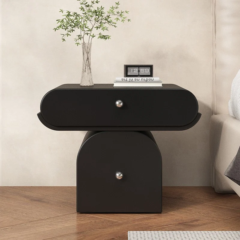Modern Minimalist Solid Wood Plywood Faux Leather Rounded Nightstand With 2-Drawer Storage For Bedroom
