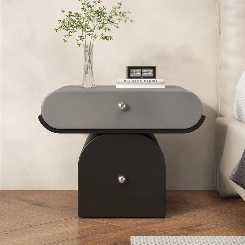 Modern Minimalist Solid Wood Plywood Faux Leather Rounded Nightstand With 2-Drawer Storage For Bedroom