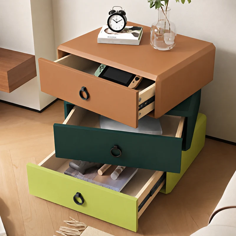 Modern Minimalist Plywood Faux Leather Rectangular Nightstand With 360° Rotating 3-Drawer Design For Bedroom