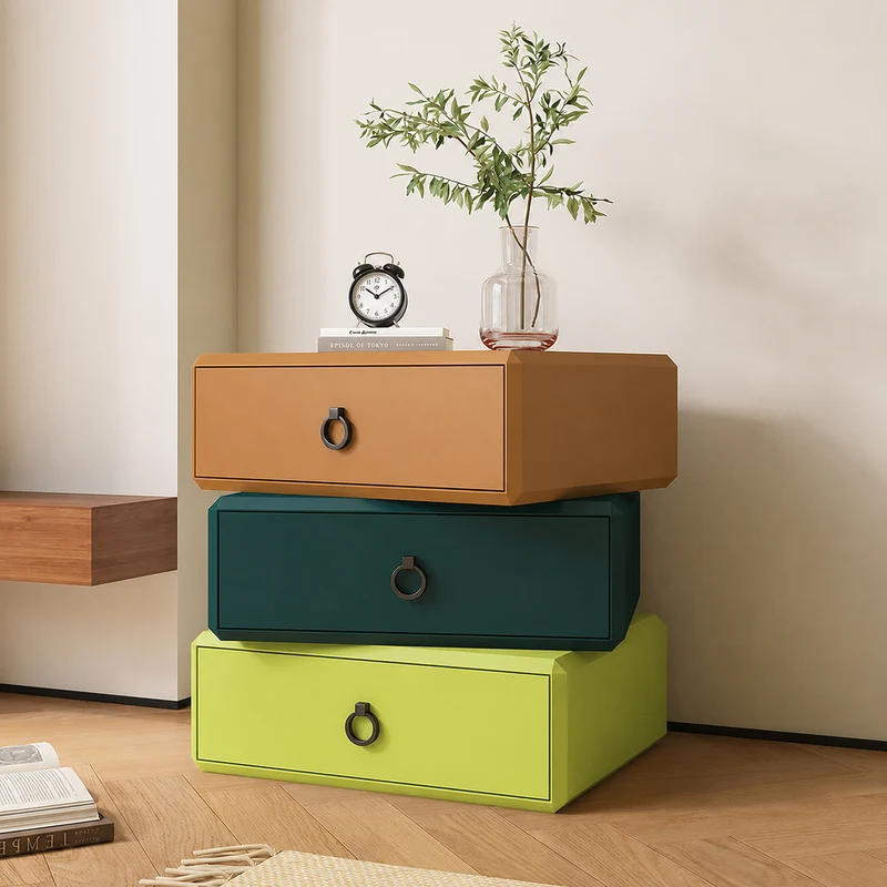 Modern Minimalist Plywood Faux Leather Rectangular Nightstand With 360° Rotating 3-Drawer Design For Bedroom
