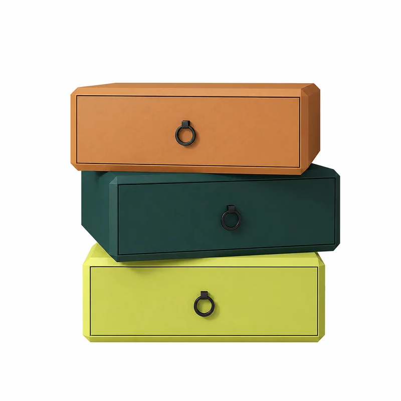 Modern Minimalist Plywood Faux Leather Rectangular Nightstand With 360° Rotating 3-Drawer Design For Bedroom