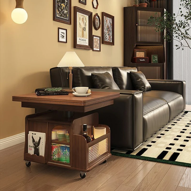 Traditional French Eco Board Rattan Glass Mobile Open Rectangle Side Table 2 Storage For Living Room