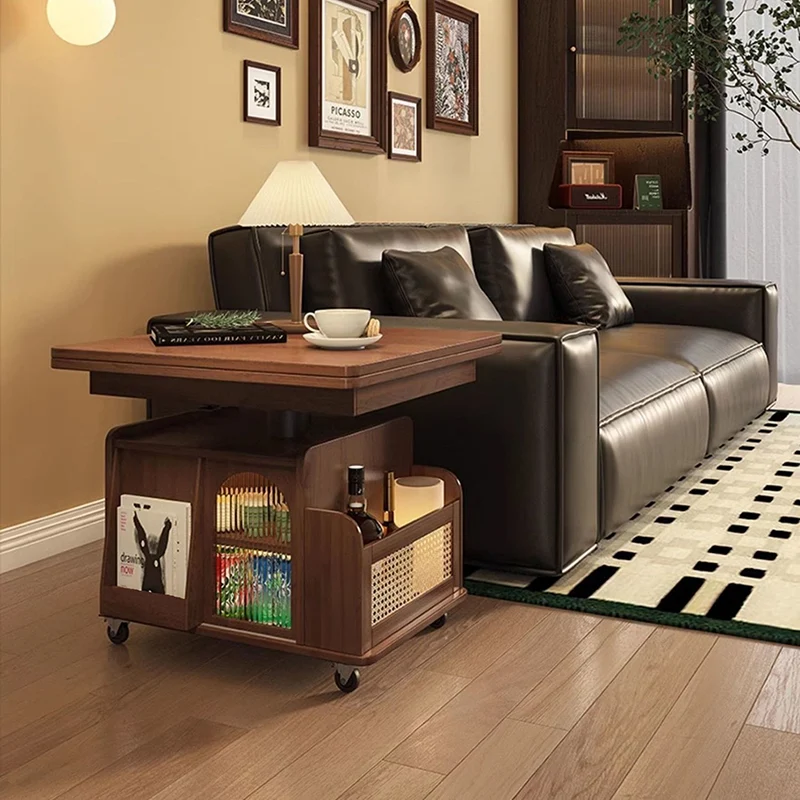 Traditional French Eco Board Rattan Glass Mobile Open Rectangle Side Table 2 Storage For Living Room