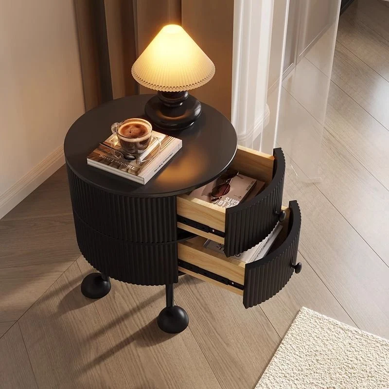 Traditional French Sintered Stone PP Iron plywood Round Cartoon-Leg Nightstand 2 Drawers For Bedroom
