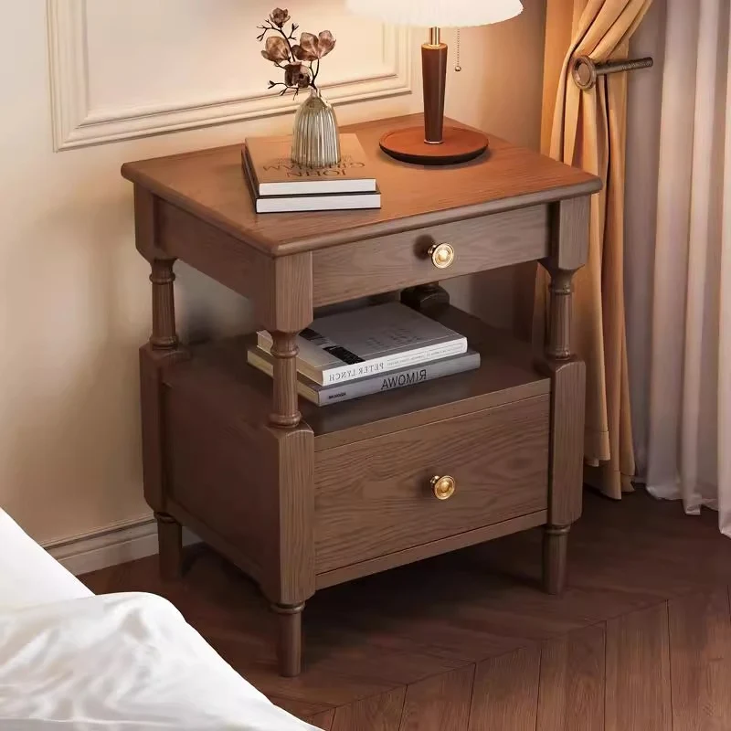 Traditional French Solid Wood Multilayer Board Pine Wood Roman Square Nightstand 2-Drawer For Bedroom
